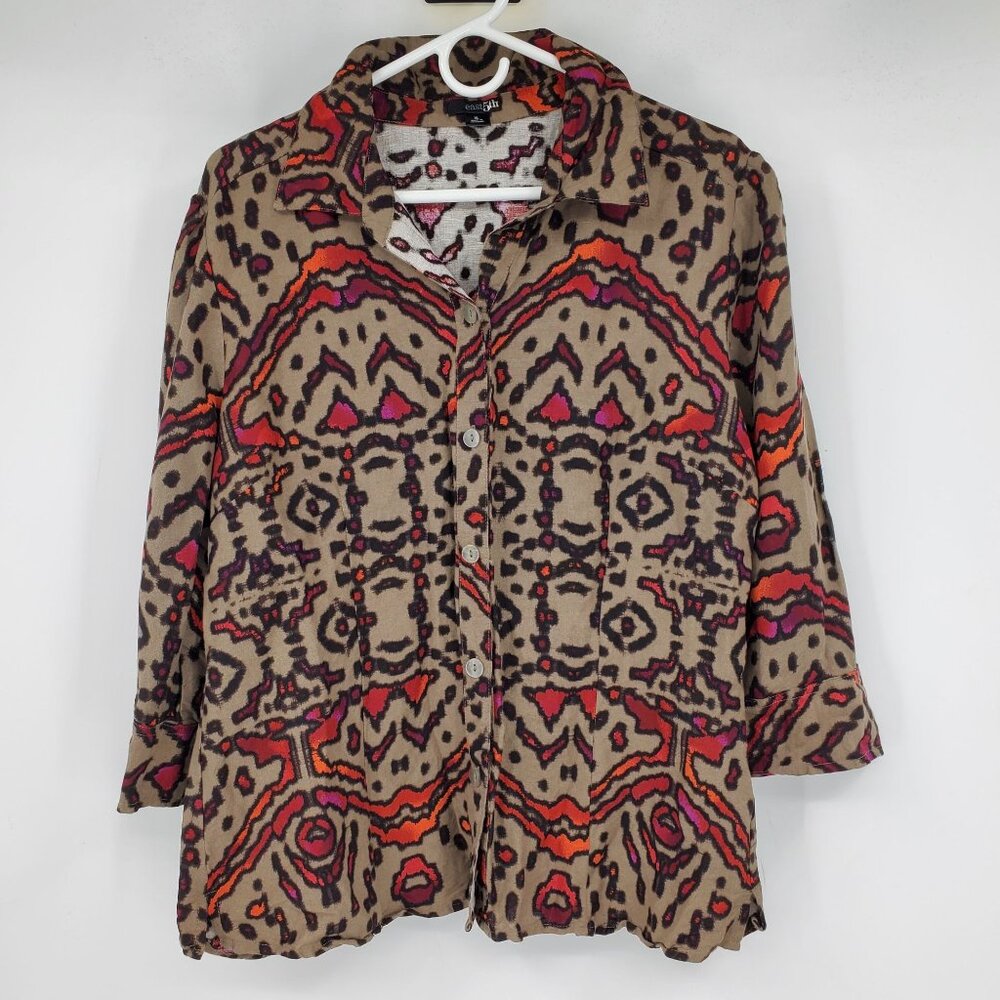 East 5th Linen Blend Brown Abstract Art to Wear Lagenlook Button Up Top Shirt XL